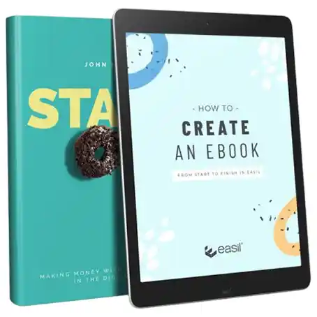 A digital tablet displaying an ebook cover titled "How to Create an Ebook," alongside a physical book, representing the process of self-publishing on Amazon.